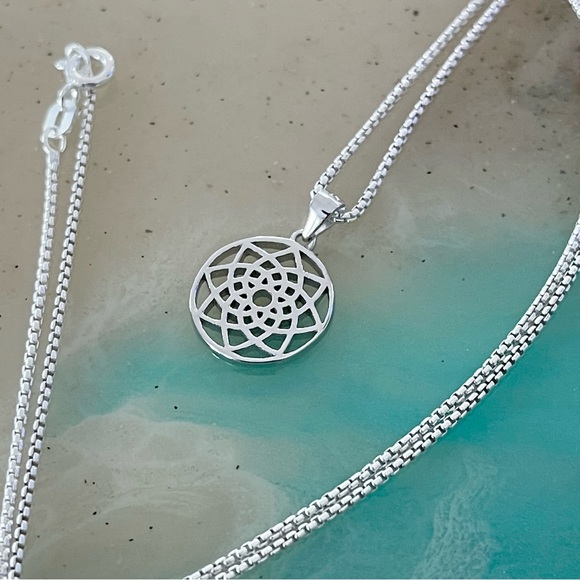 Sterling Silver Mandala Necklace, Boho Necklace, Silver Chain, Flower Necklace - Picture 13 of 15